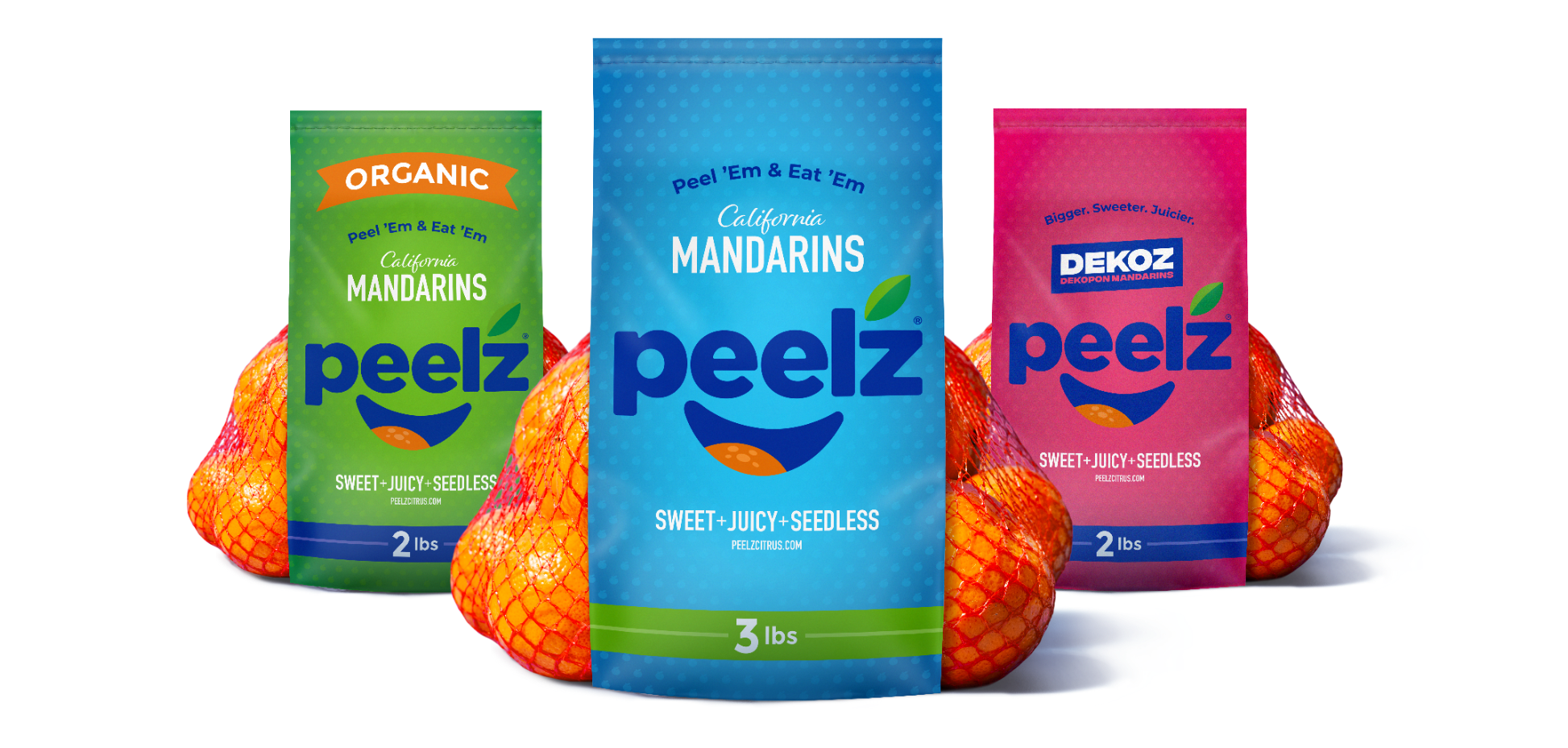 Three Peelz mandarins bags lined up